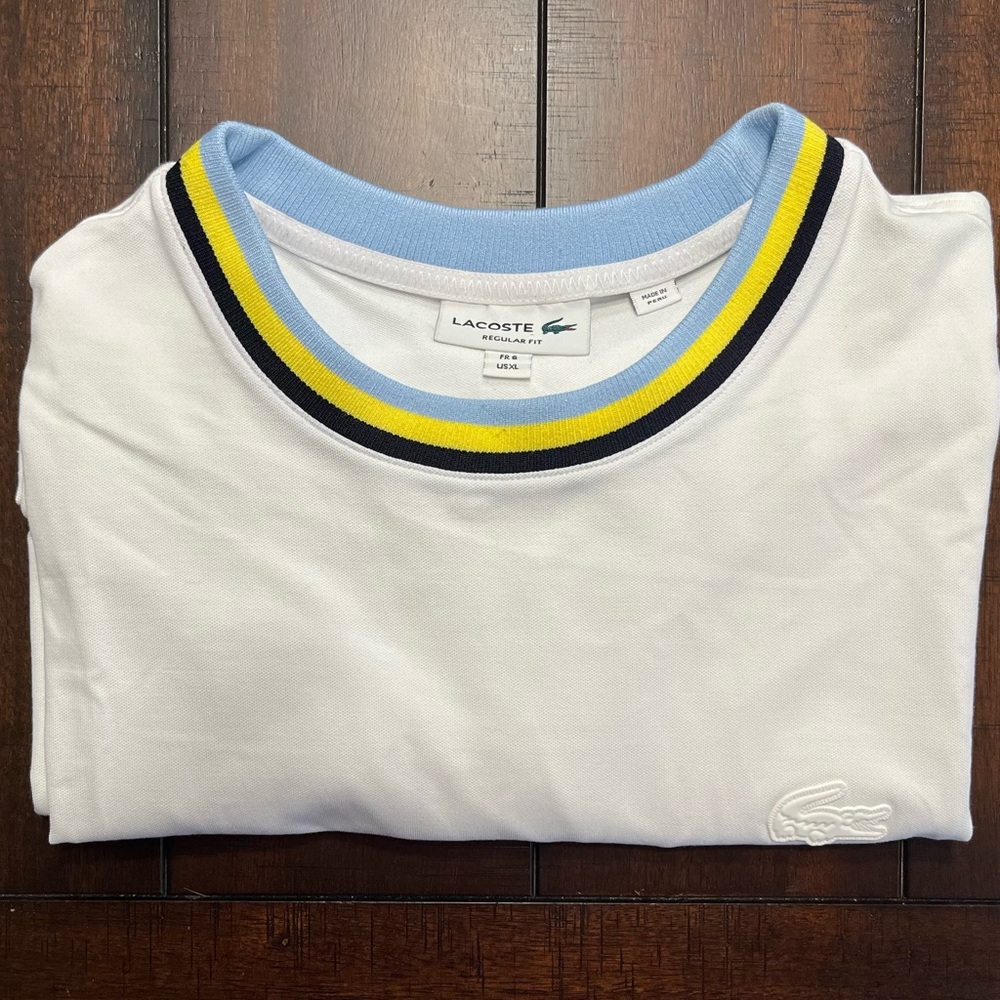 Lacoste White Tee with Blue and Yellow Trim